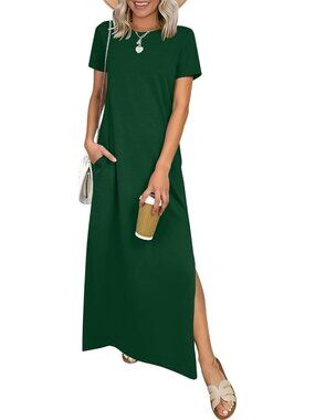 Women's Forest Green Crewneck Summer Casual Maxi Short Sleeve Split Long Dress
